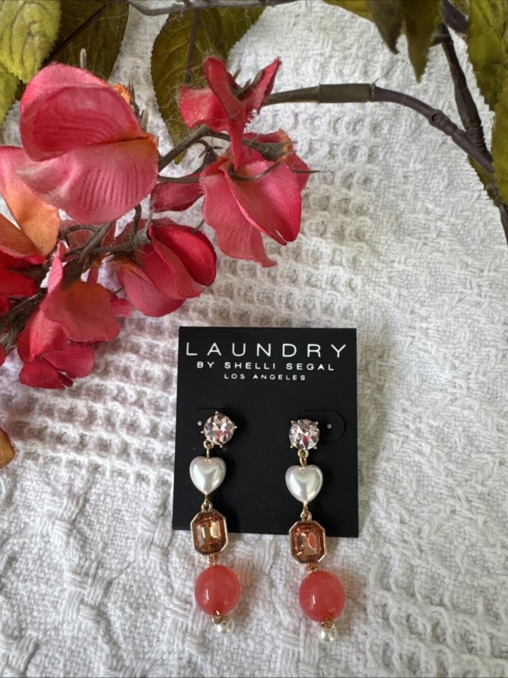 Laundry Earrings Heart Bead Dangle Pink Purple Pearl Orange Gold Tone 2.5" NEW